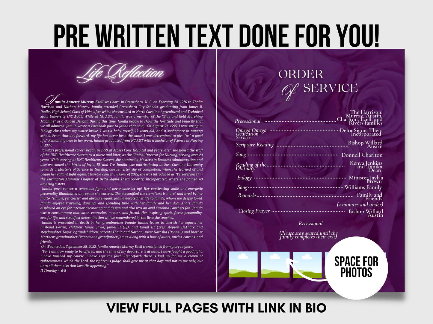 8.5"x11" BOOKLET Memorial program (4 pages)| PURPLE Style Funeral Program |Celebration of Life |Keepsake |Digital Download |Canva Template