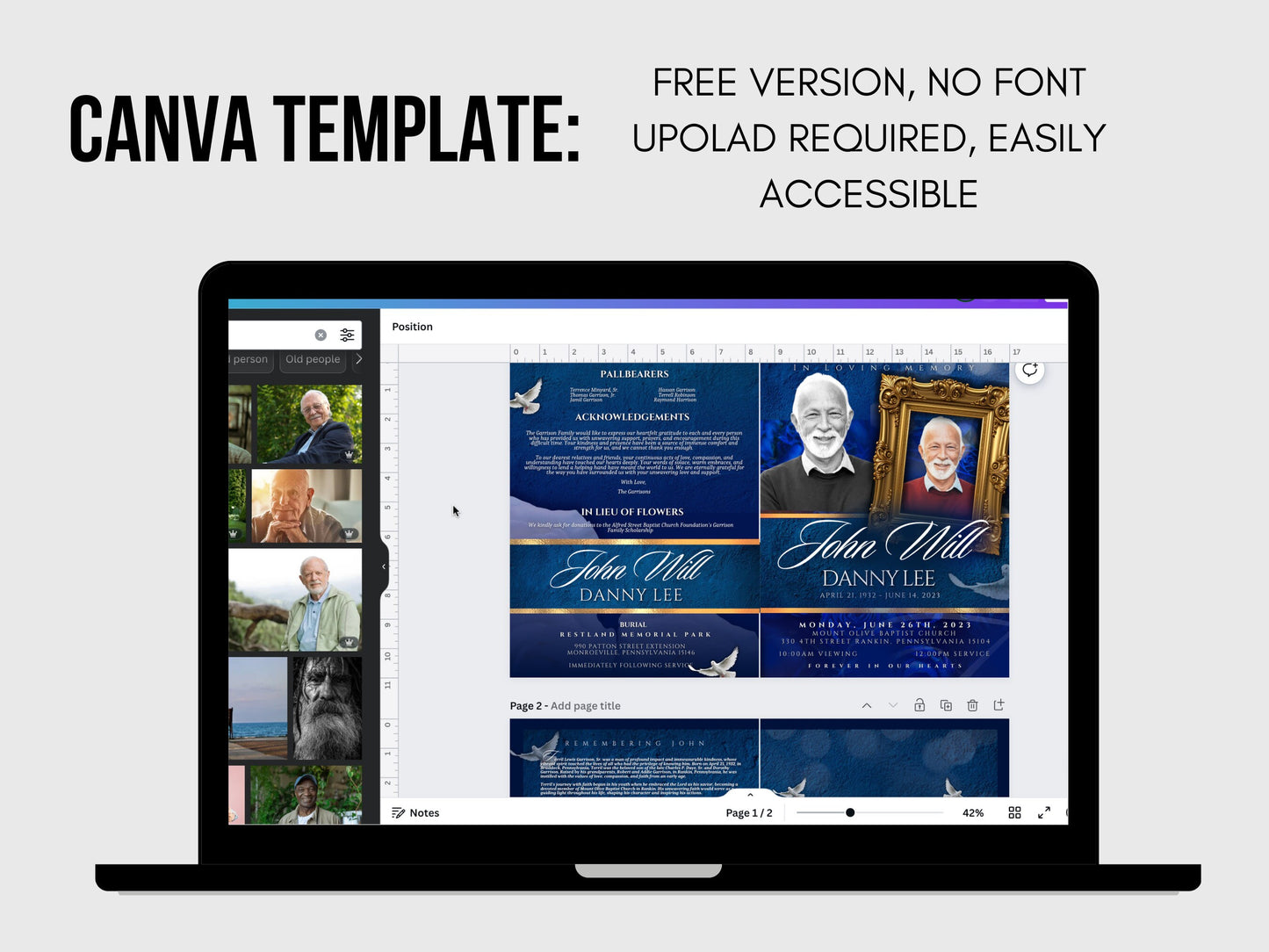 8.5"x11" BOOKLET Memorial program (4 pages) | Elegant Style Funeral Program |Celebration of Life |Keepsake |Digital Download |Canva Template