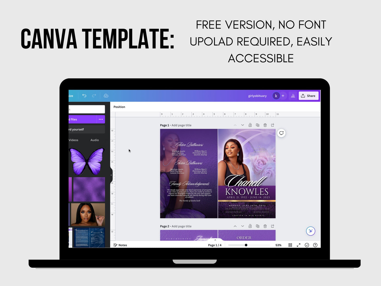 5.5"x8.5" BOOKLET Memorial program (8 pages)| PURPLE Funeral Program |Celebration of Life |Keepsake |Digital Download |Canva Template