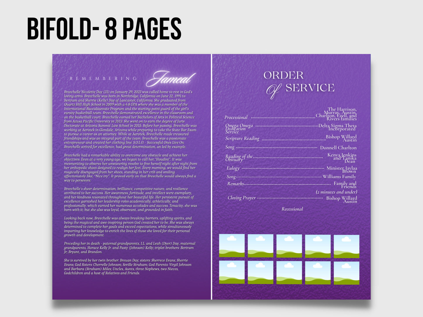 5.5"x8.5" BOOKLET Memorial program (8 pages)| PURPLE Funeral Program |Celebration of Life |Keepsake |Digital Download |Canva Template