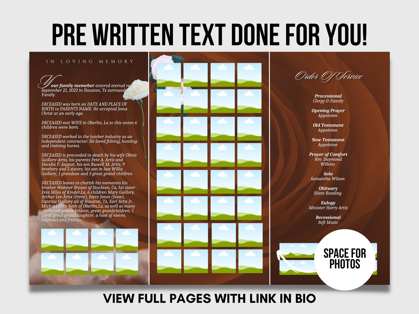 17"x11" FUNERAL OBITUARY TEMPLATE (2 pages) |Elegant Style Funeral Program | Celebration of Life |Unisex Brown Obituary |Canva Template