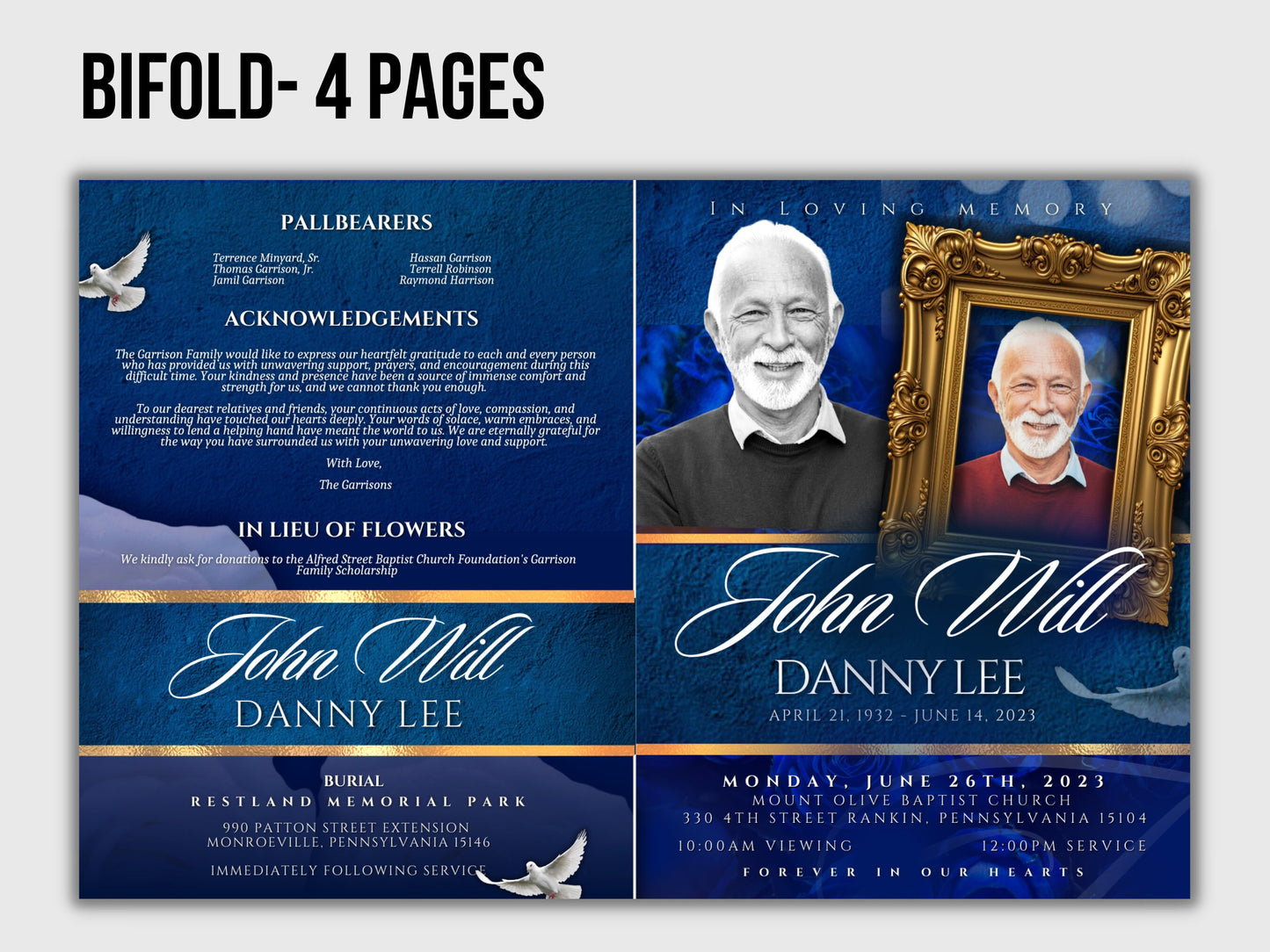 8.5"x11" BOOKLET Memorial program (4 pages) | Elegant Style Funeral Program |Celebration of Life |Keepsake |Digital Download |Canva Template