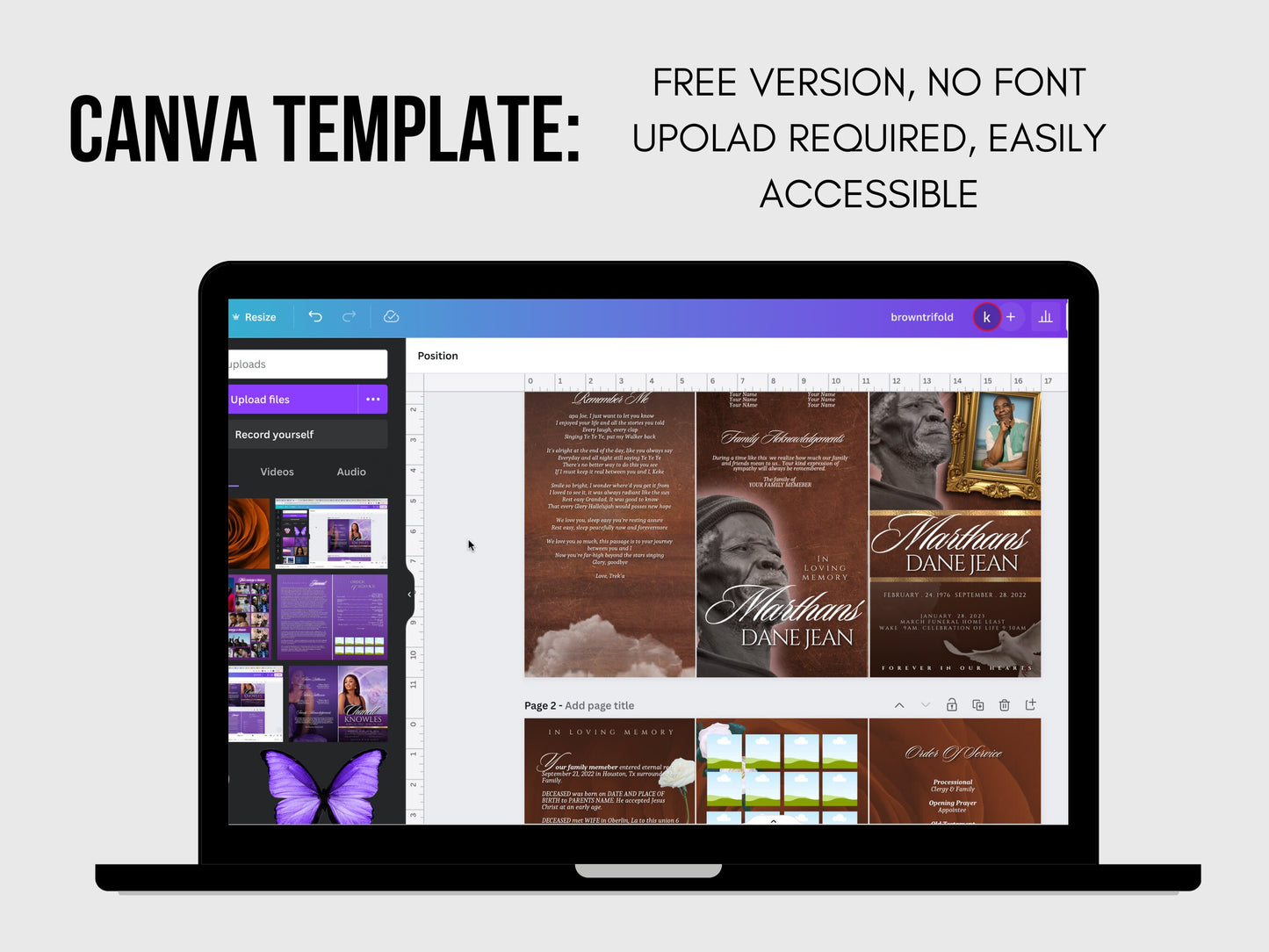 17"x11" FUNERAL OBITUARY TEMPLATE (2 pages) |Elegant Style Funeral Program | Celebration of Life |Unisex Brown Obituary |Canva Template