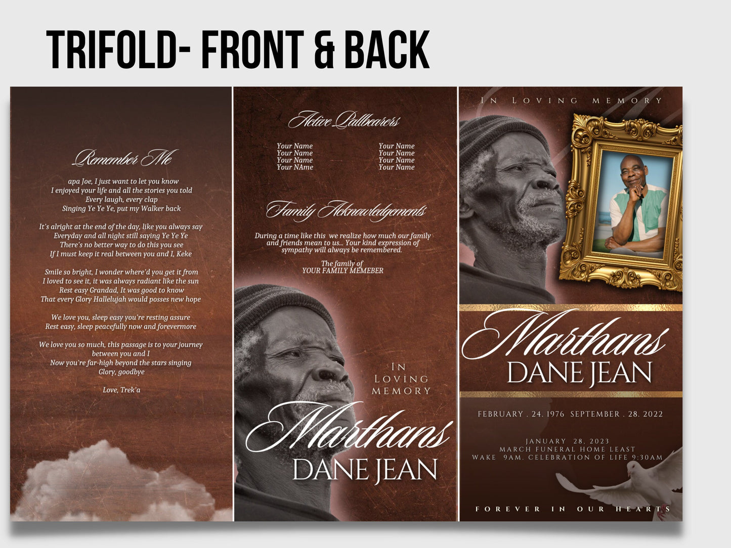 17"x11" FUNERAL OBITUARY TEMPLATE (2 pages) |Elegant Style Funeral Program | Celebration of Life |Unisex Brown Obituary |Canva Template