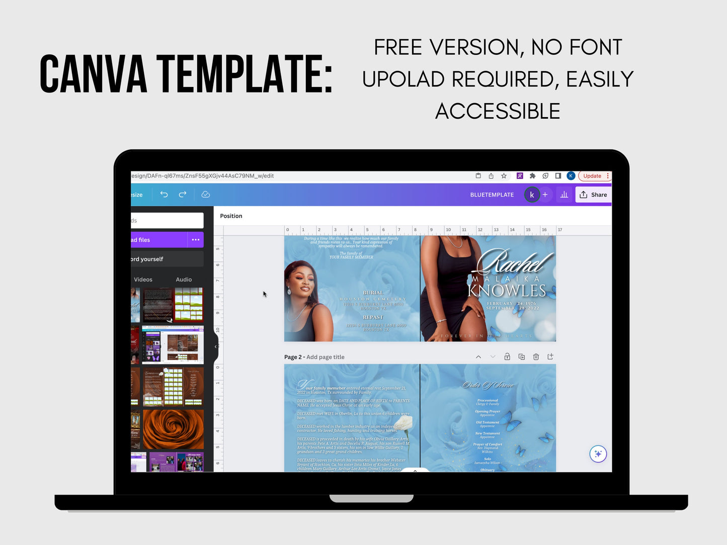 8.5"x 11" FUNERAL OBITUARY TEMPLATE (4 pages) |Elegant Style Funeral Program | Celebration of Life |Women Blue Rose Obituary |Canva Template