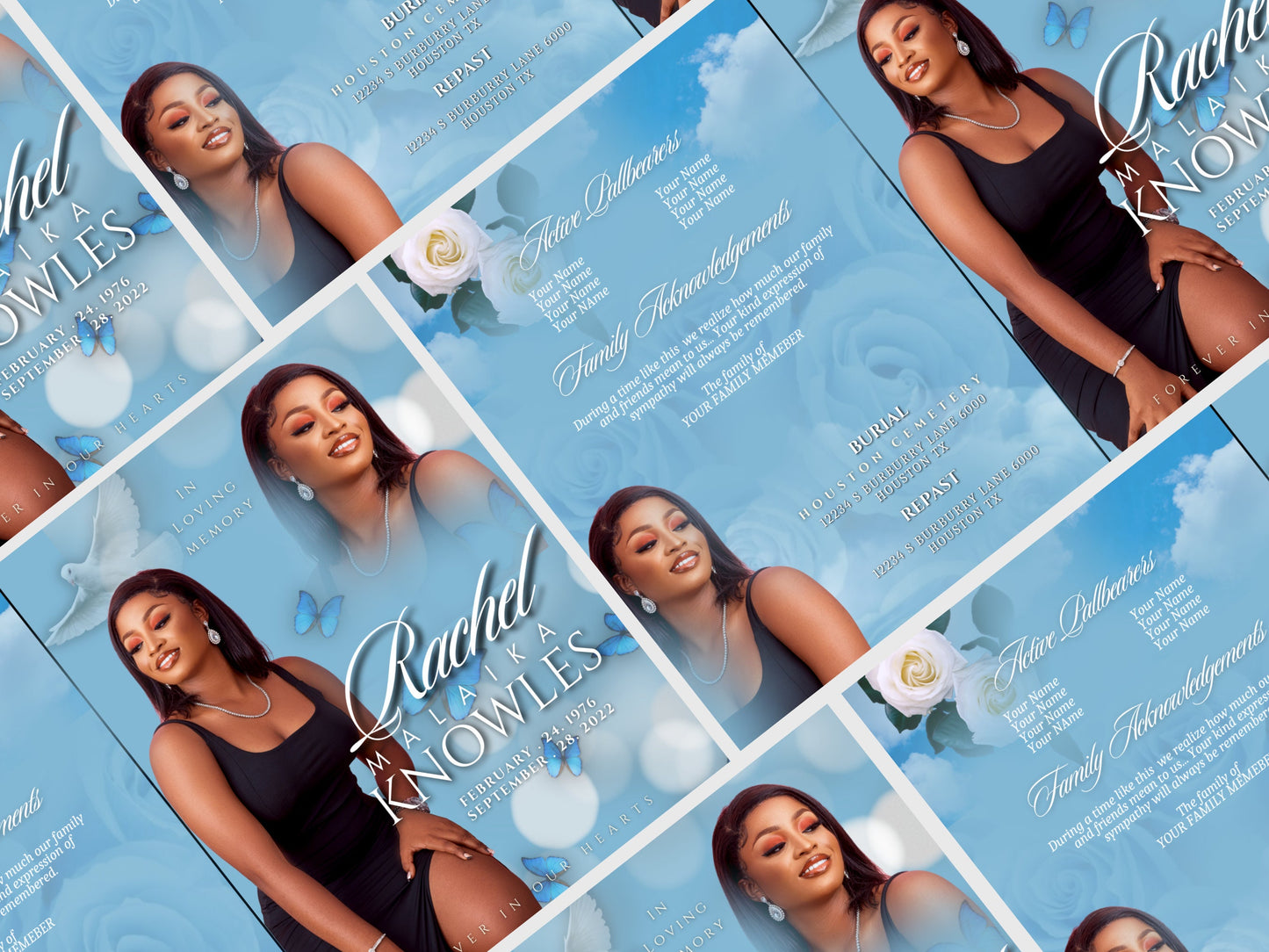 8.5"x 11" FUNERAL OBITUARY TEMPLATE (4 pages) |Elegant Style Funeral Program | Celebration of Life |Women Blue Rose Obituary |Canva Template