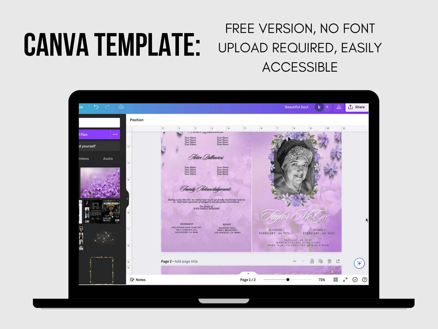 5.5"x8.5" BOOKLET Memorial program (4 pages)| PURPLE Style Funeral Program |Celebration of Life |Keepsake |Digital Download |Canva Template