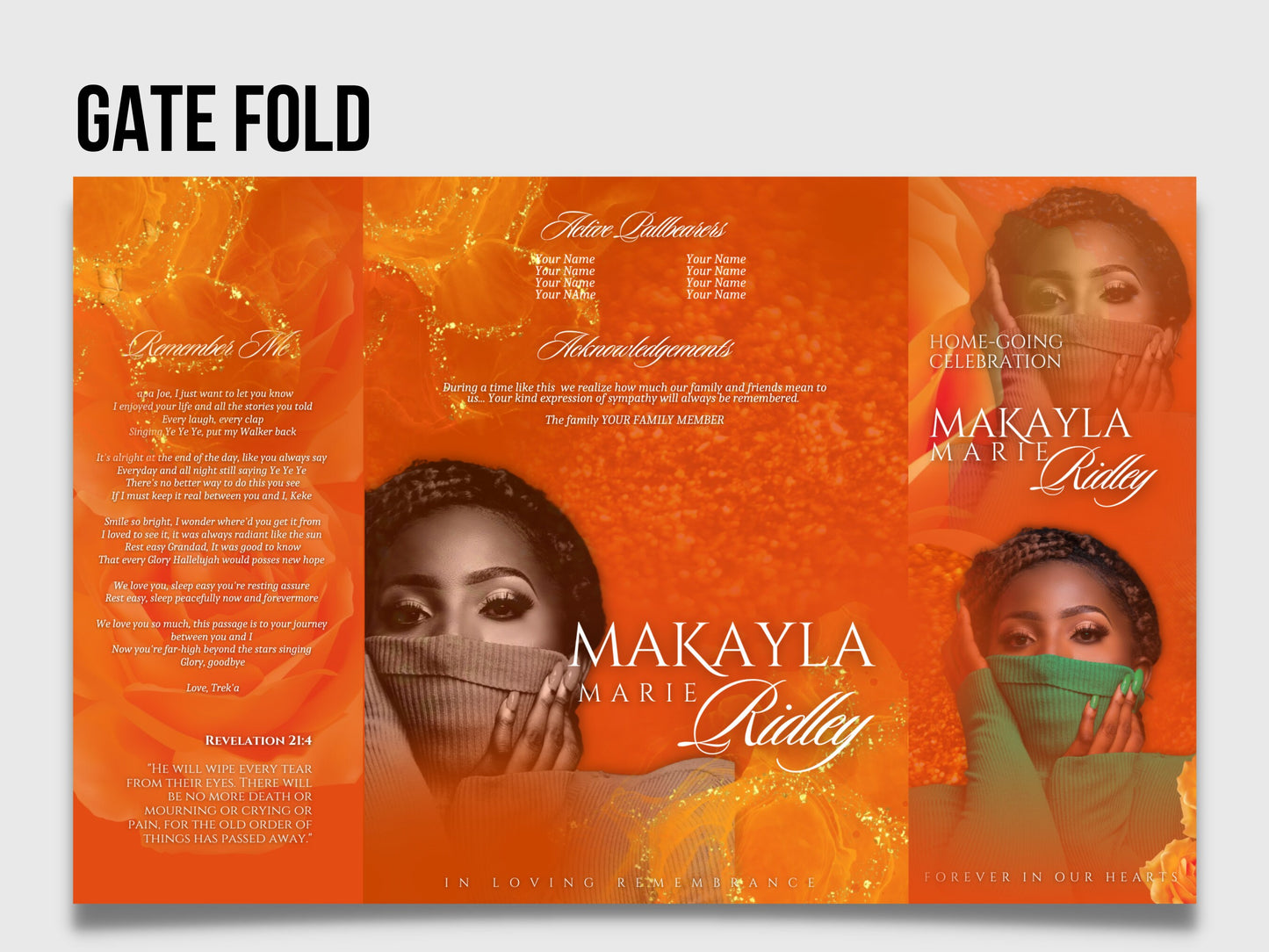 17"x11" GATEFOLD Memorial program| Orange and Green Funeral Program |Celebration of Life |Keepsake |Digital Download |Canva Template