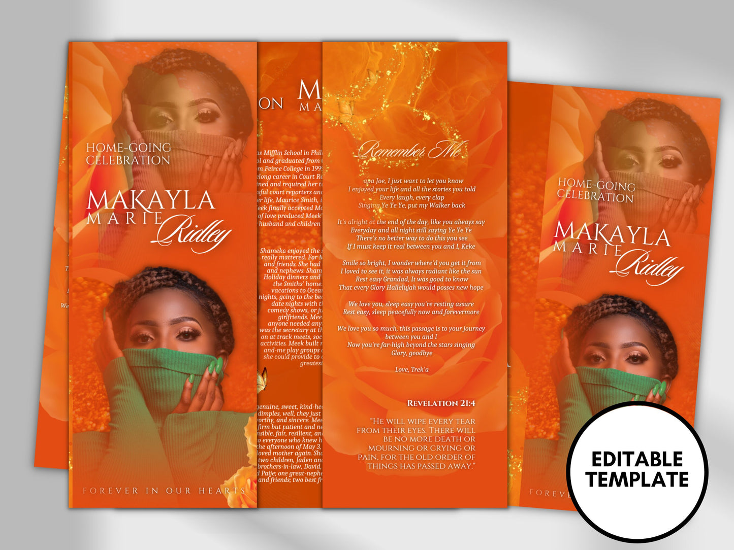 17"x11" GATEFOLD Memorial program| Orange and Green Funeral Program |Celebration of Life |Keepsake |Digital Download |Canva Template