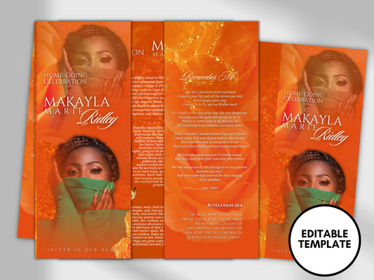 17"x11" GATEFOLD Memorial program| Orange and Green Funeral Program |Celebration of Life |Keepsake |Digital Download |Canva Template