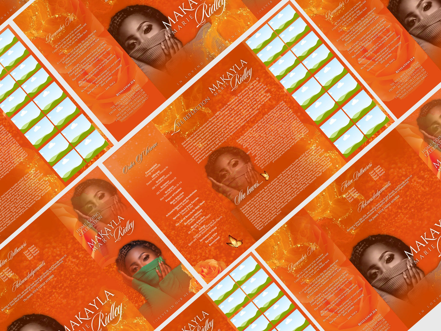 17"x11" GATEFOLD Memorial program| Orange and Green Funeral Program |Celebration of Life |Keepsake |Digital Download |Canva Template