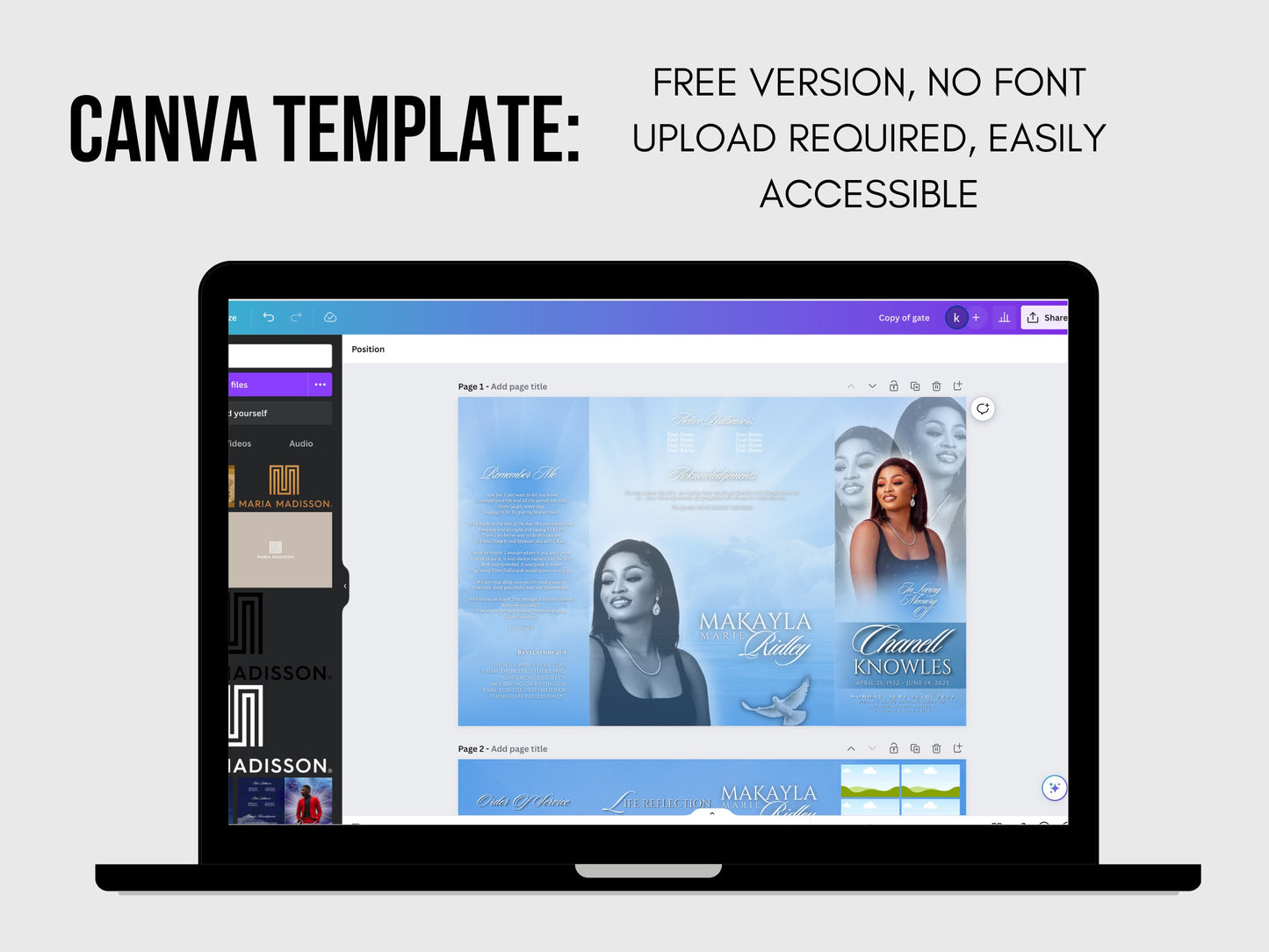17"x11" GATEFOLD Memorial program| Blue and White Funeral Program |Celebration of Life |Keepsake |Digital Download |Canva Template