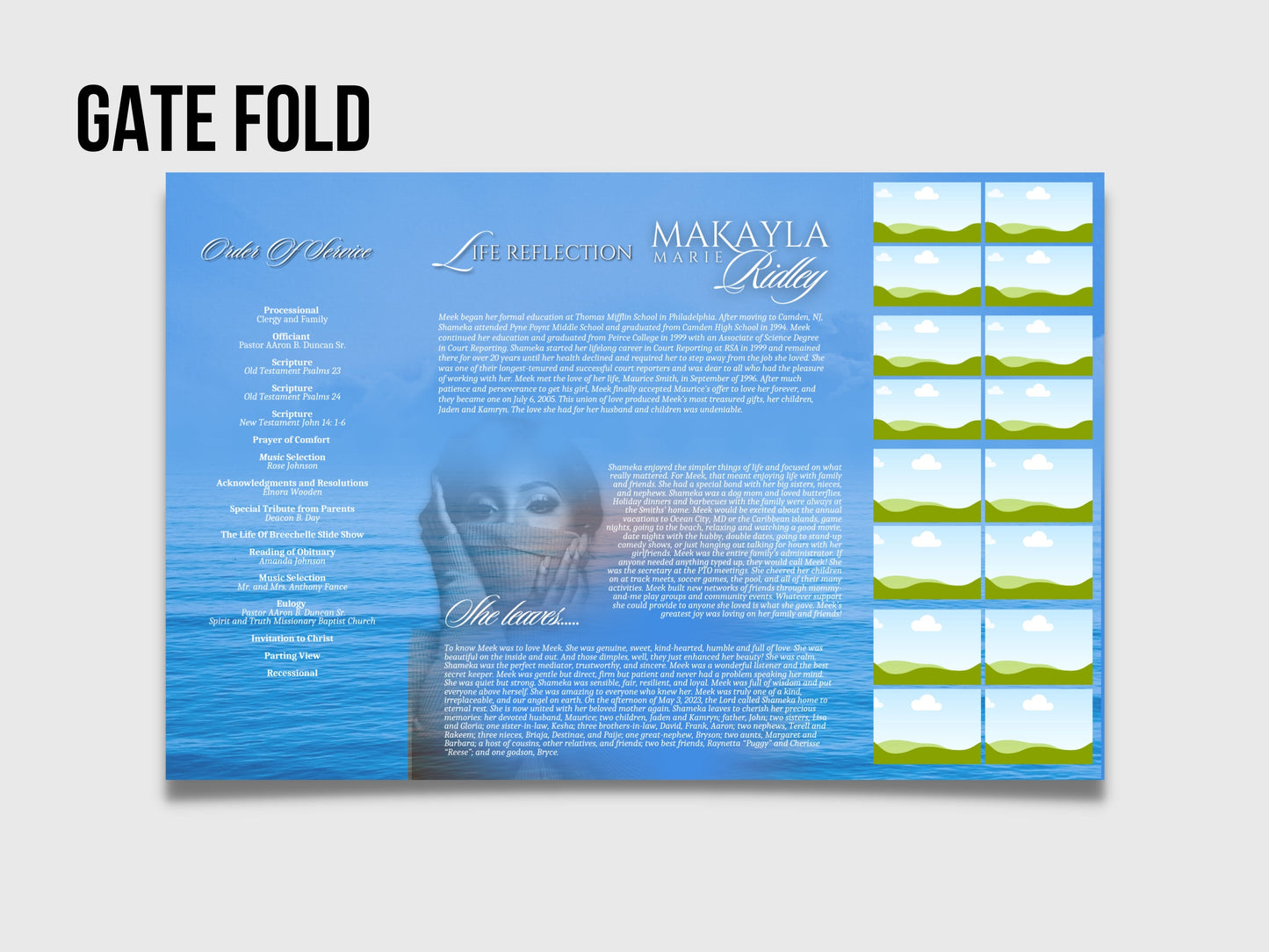17"x11" GATEFOLD Memorial program| Blue and White Funeral Program |Celebration of Life |Keepsake |Digital Download |Canva Template