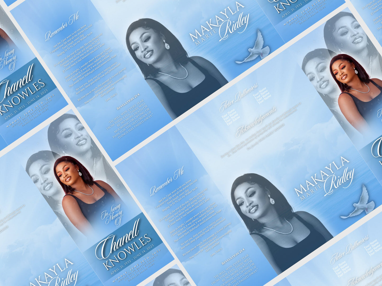 17"x11" GATEFOLD Memorial program| Blue and White Funeral Program |Celebration of Life |Keepsake |Digital Download |Canva Template