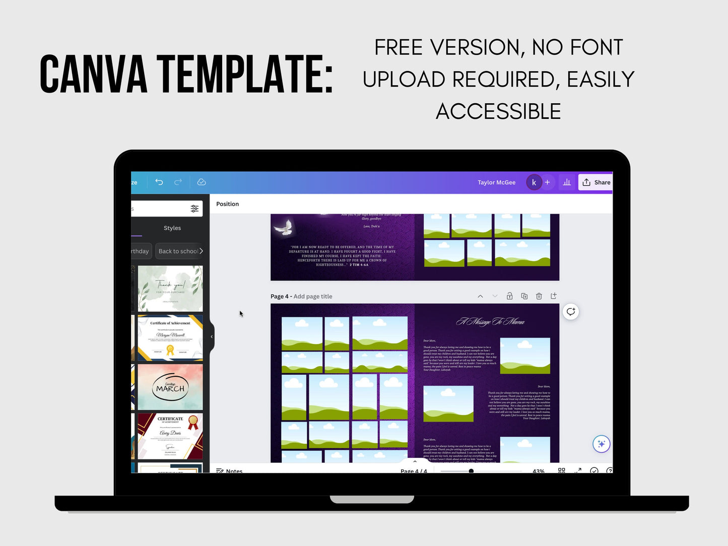 8.5"x11" BOOKLET Memorial program (8 pages) | Purple Funeral Program |Celebration of Life |Keepsake |Digital Download |Canva Template
