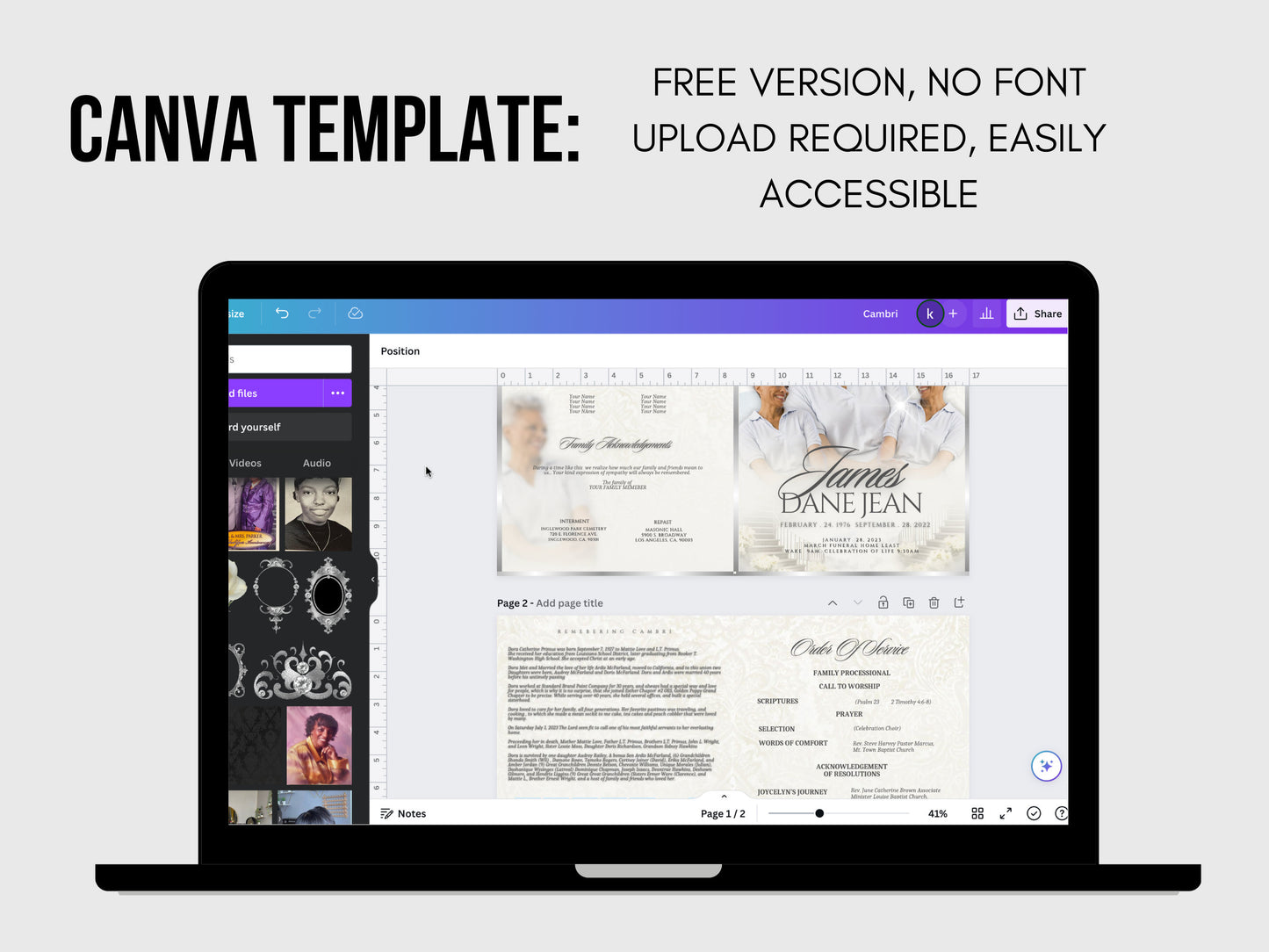 8.5"x11" BOOKLET Memorial program (4 pages) | Elegant Style Funeral Program |Celebration of Life |Keepsake |Digital Download |Canva Template