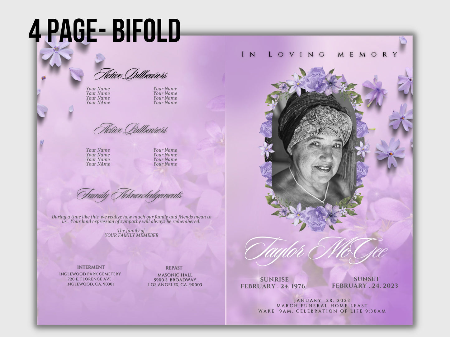 5.5"x8.5" BOOKLET Memorial program (4 pages)| PURPLE Style Funeral Program |Celebration of Life |Keepsake |Digital Download |Canva Template