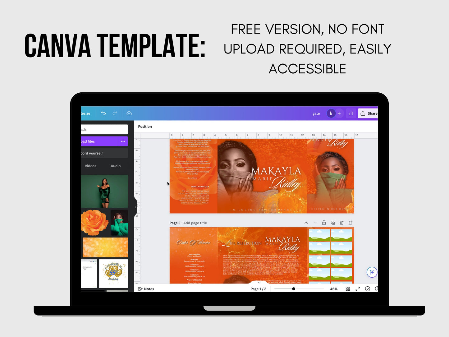 17"x11" GATEFOLD Memorial program| Orange and Green Funeral Program |Celebration of Life |Keepsake |Digital Download |Canva Template