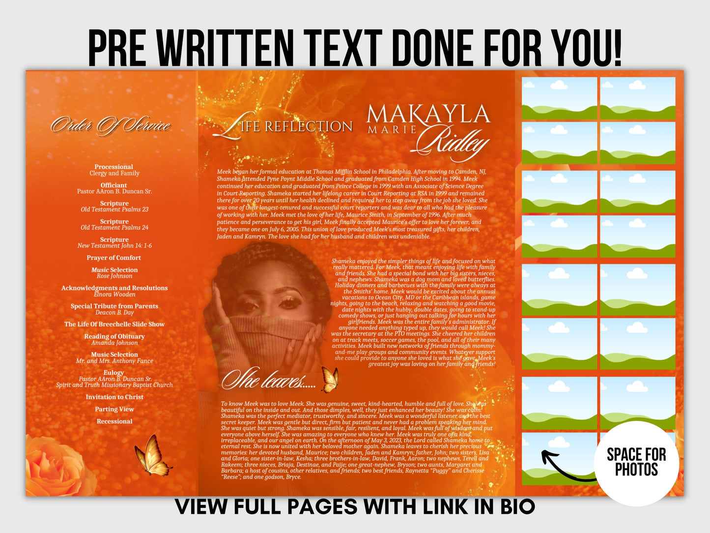 17"x11" GATEFOLD Memorial program| Orange and Green Funeral Program |Celebration of Life |Keepsake |Digital Download |Canva Template