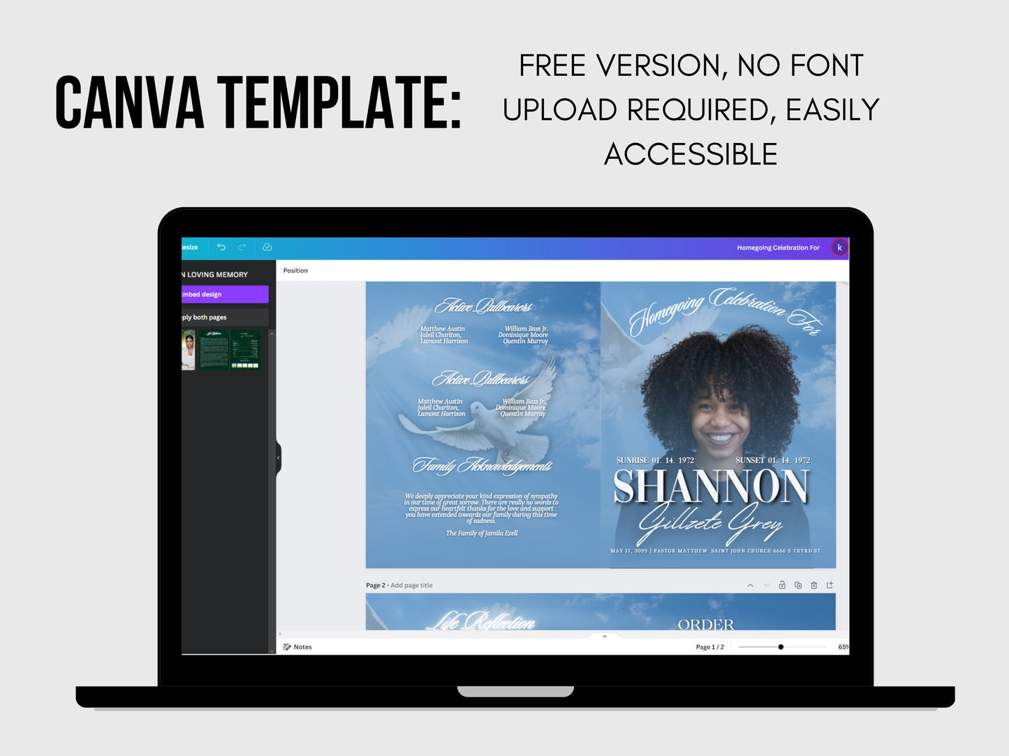 8.5"x11" BOOKLET Memorial program (4 pages)|blue cloud Style Funeral Program |Celebration of Life |Keepsake |Digital Download|Canva Template