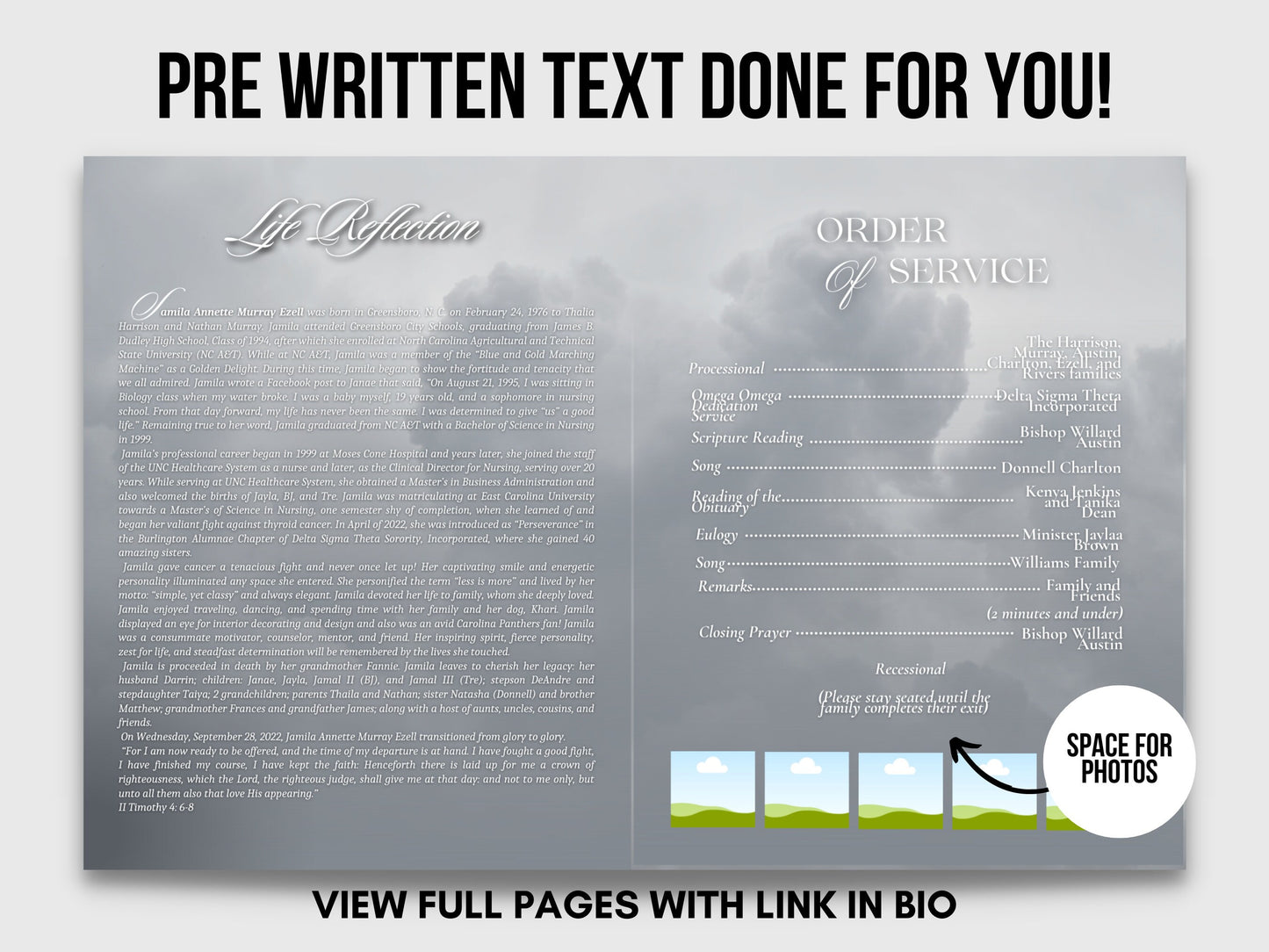 8.5"x11" BOOKLET Memorial program (4 pages)|blue cloud Style Funeral Program |Celebration of Life |Keepsake |Digital Download|Canva Template