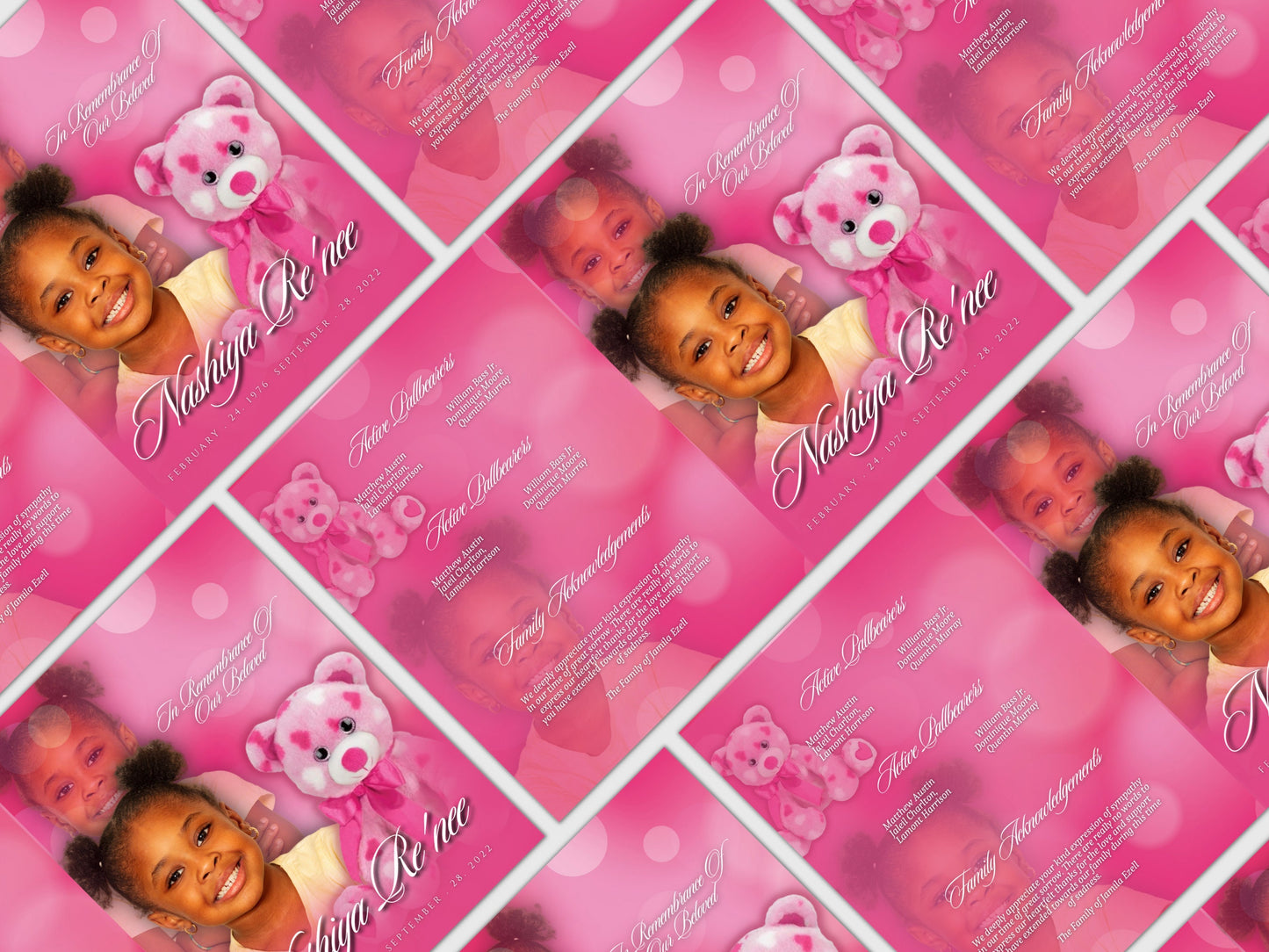 8.5"x11" FUNERAL BOOKLET (8 pages)| Pink Funeral Program |Celebration of Life |Keepsake |Digital Download |Canva Template | kid girl