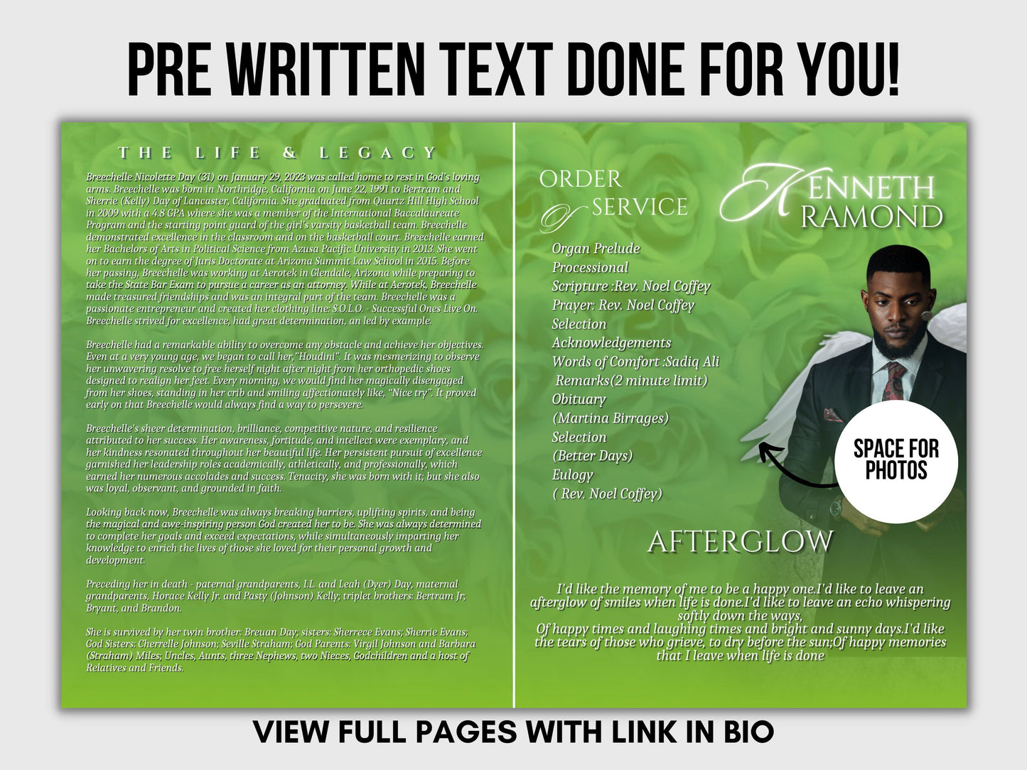 8.5"x11" BOOKLET Memorial program (4 pages)|Green Style Funeral Program |Celebration of Life |Keepsake |Digital Download|Canva Template
