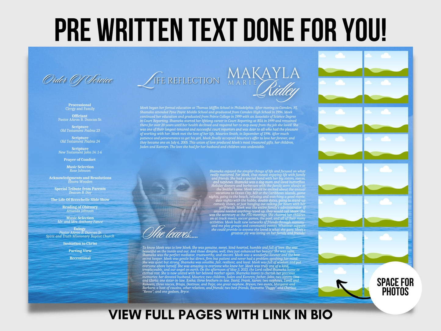 17"x11" GATEFOLD Memorial program| Blue and White Funeral Program |Celebration of Life |Keepsake |Digital Download |Canva Template