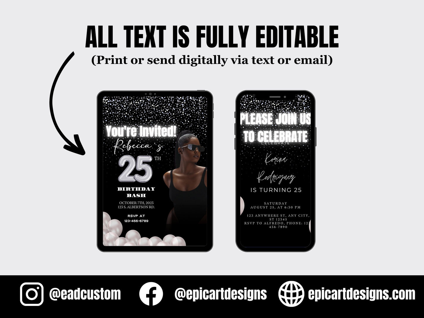 Digital Black and Silver Birthday Party Invitation, Birthday Video Invitation, E Invite, Silver Glitter, Editable Template, Any Age