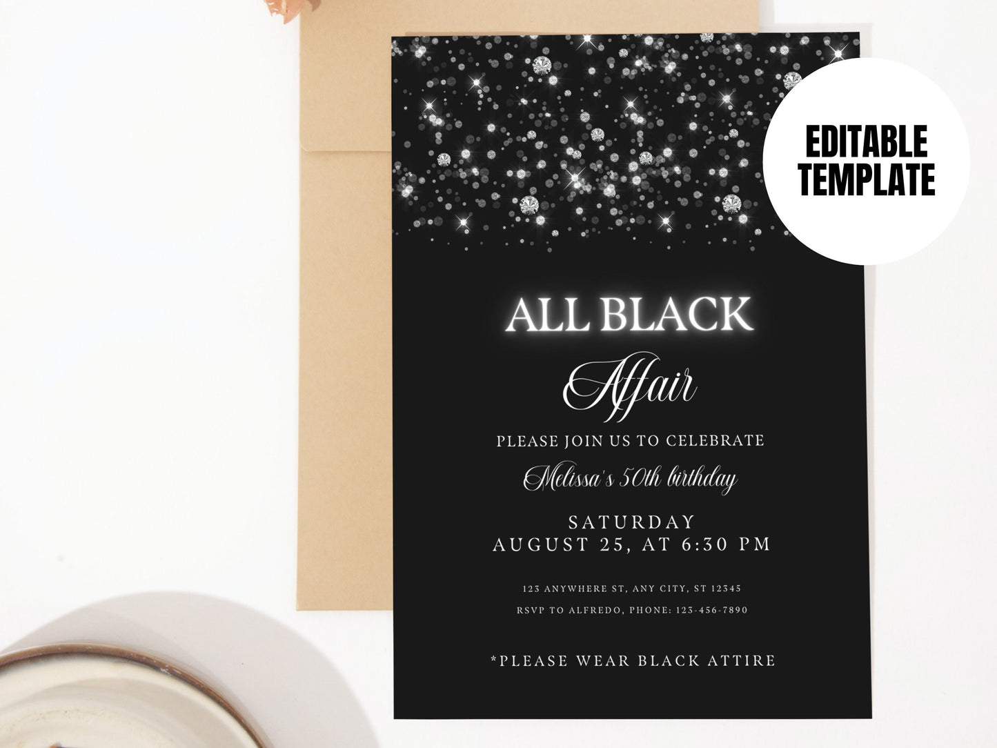Editable All Black Affair Invitation, All Black Party Invitation, Birthday Invitation, Formal Attire Invite, Printable or Text Invite
