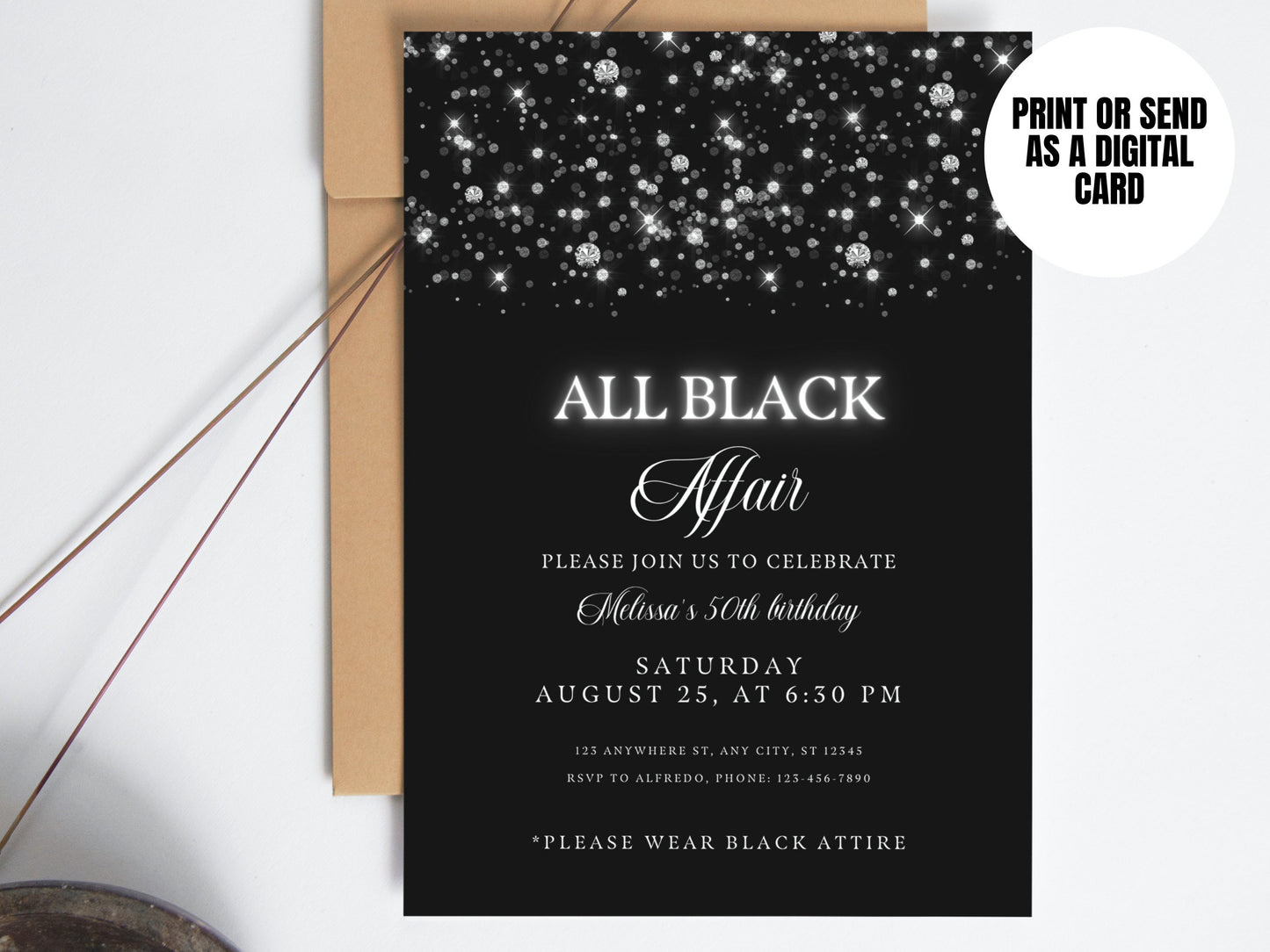 Editable All Black Affair Invitation, All Black Party Invitation, Birthday Invitation, Formal Attire Invite, Printable or Text Invite