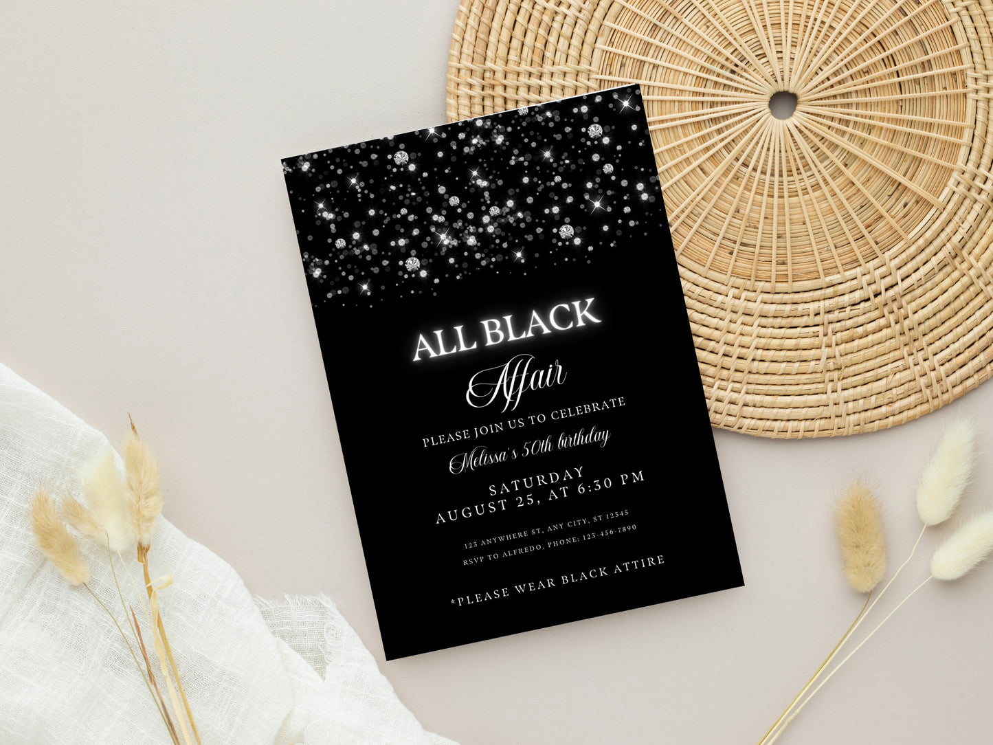Editable All Black Affair Invitation, All Black Party Invitation, Birthday Invitation, Formal Attire Invite, Printable or Text Invite