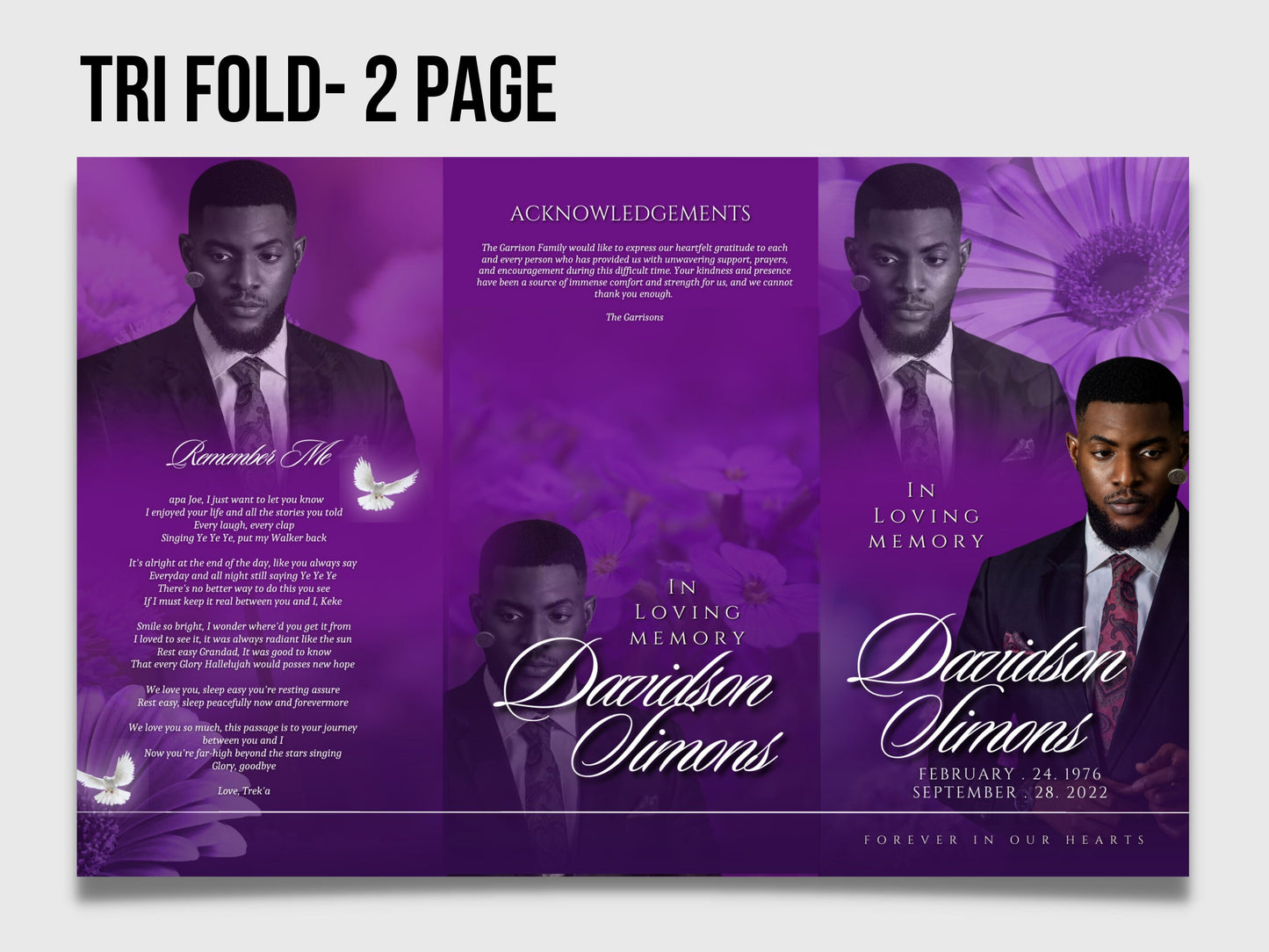 17"x11" FUNERAL OBITUARY TEMPLATE (2 pages) |Purple, Lily Funeral Program | Celebration of Life |Classy Obituary |Canva Template