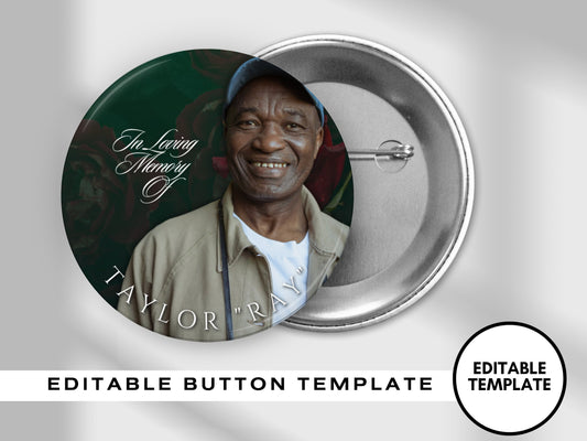 GREEN KEEPSAKE PINBACK Template,Full Color| Personalized Funeral Buttons|Pinback Button Template|Keepsake Pin Backs Template