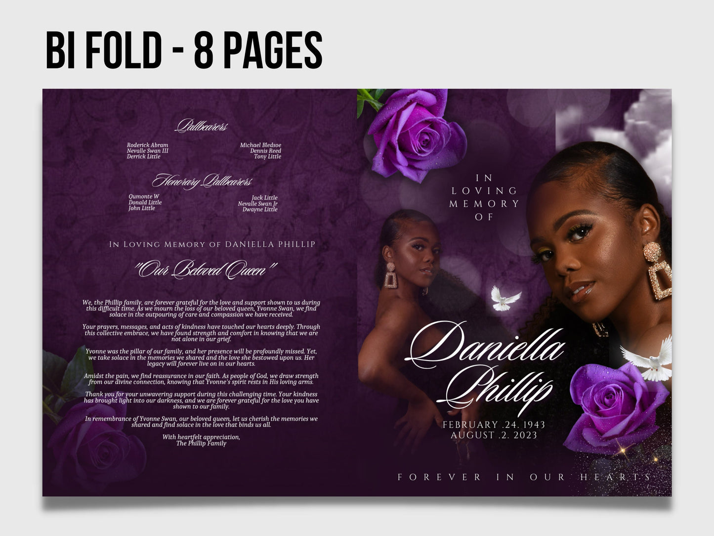 8.5"x11" BOOKLET Memorial program (8 pages)| PURPLE Style Funeral Program |Celebration of Life |Keepsake |Digital Download |Canva Template