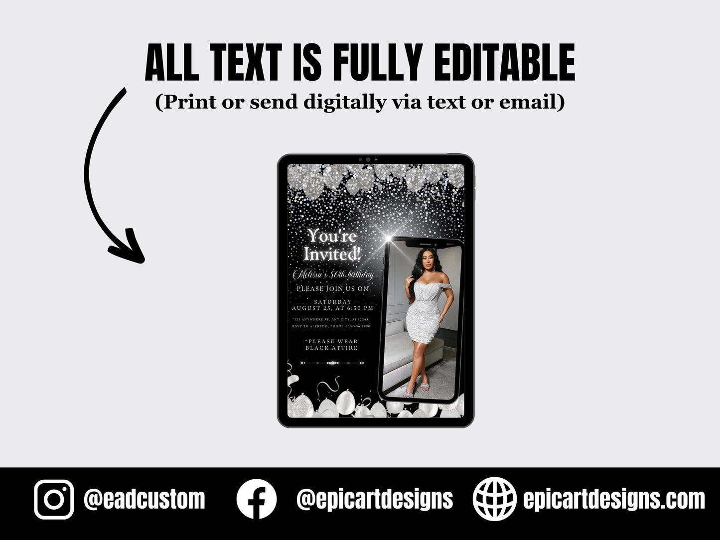 5"x7" Blinged Out Birthday Celebration Flyer| Template | DIY Bday party invitation template | Editable Canva Flyer | Silver bday flyer