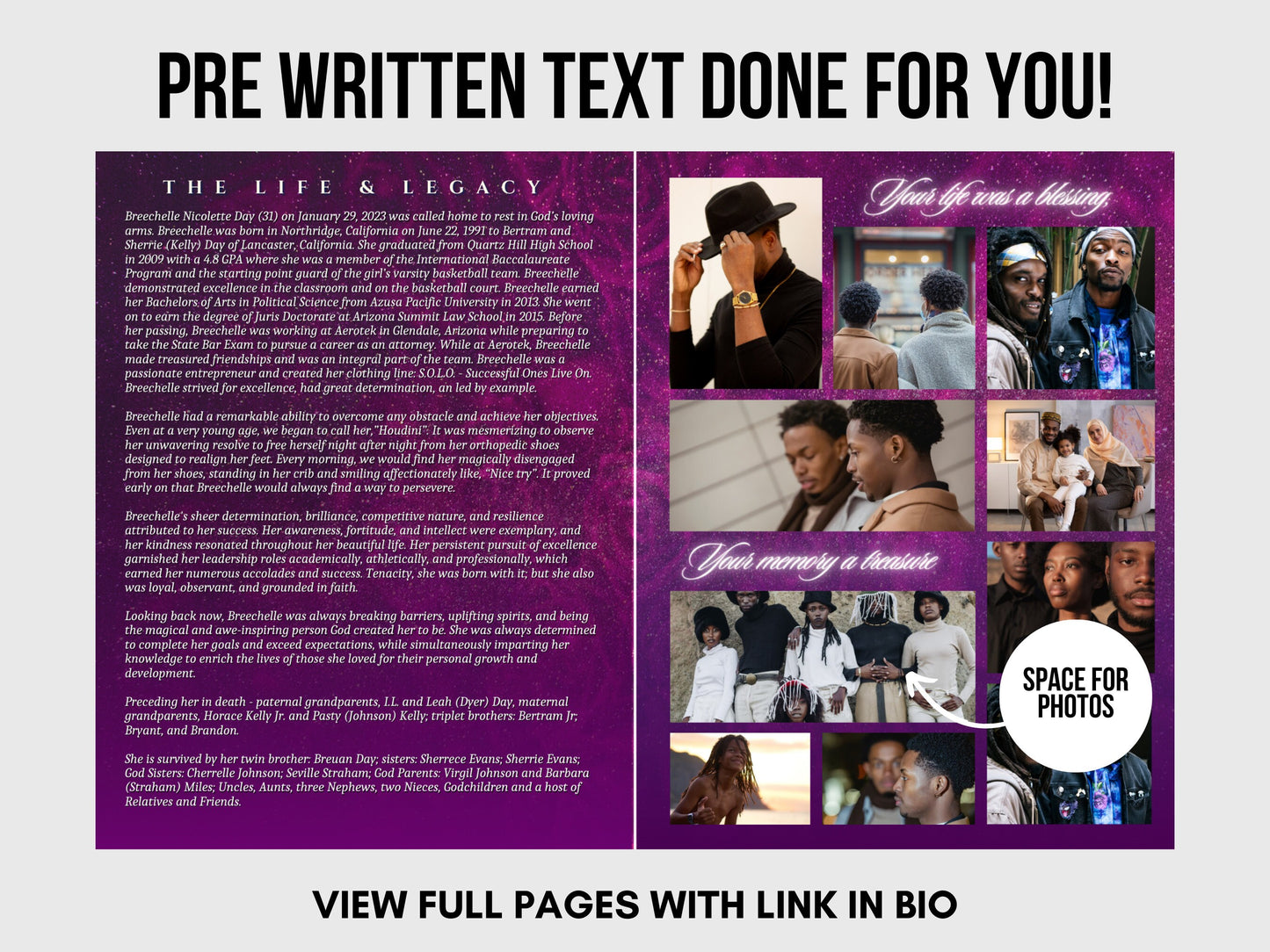 8.5"x11" BOOKLET Memorial program (8 pages) | Purple Funeral Program |Celebration of Life |Keepsake |Digital Download |Canva Template