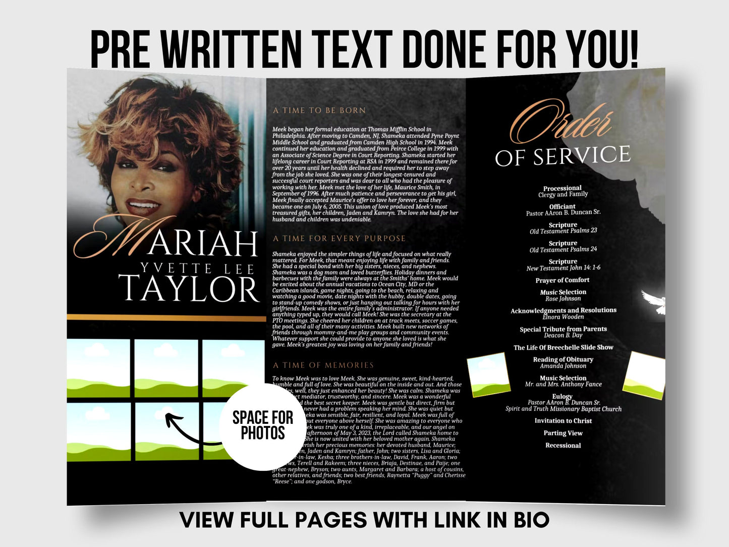 17"x11" FUNERAL OBITUARY TEMPLATE (2 pages) |Black, Gold Funeral Program | Celebration of Life |Classy Obituary |Canva Template