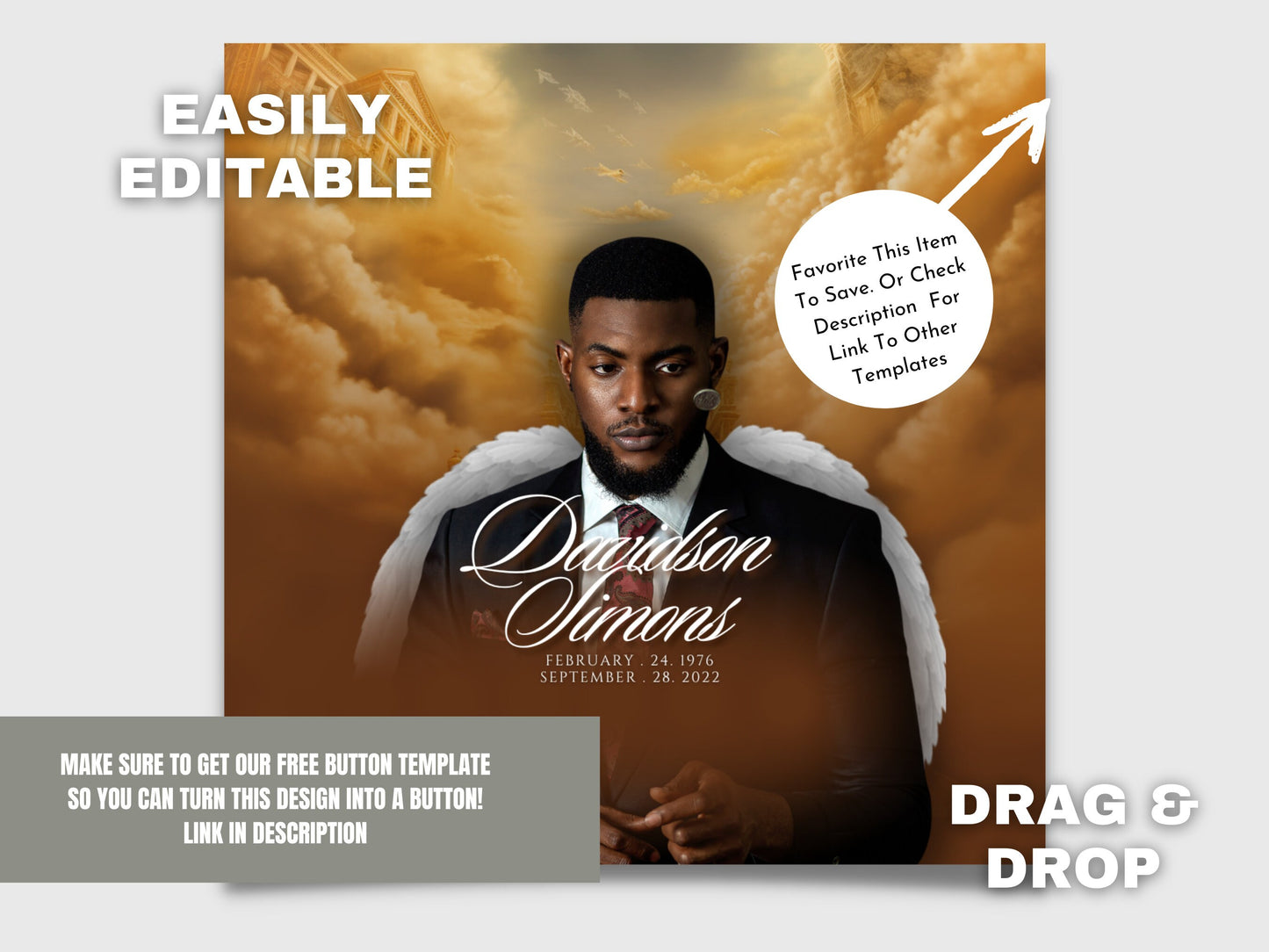 BROWN WING PINBACK Template,Full Color| Personalized Funeral Buttons|Pinback Button Template|Keepsake Pin Backs Template