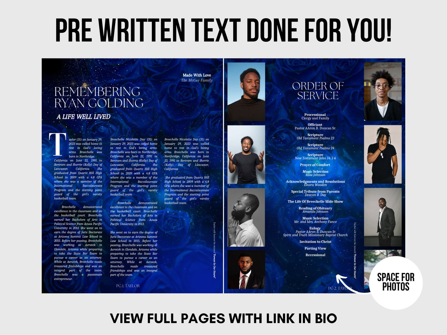 8.5"x11" BOOKLET Memorial program (4 pages)| BLUE GALAXY Style Funeral Program |Celebration of Life |Digital Download |Canva Template