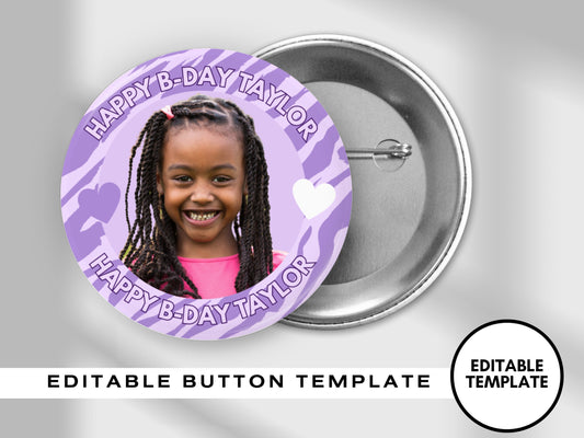 PURPLE BIRTHDAY PINBACK Template,Full Color| Personalized Funeral Buttons|Pinback Button Template|Keepsake Pin Backs Template