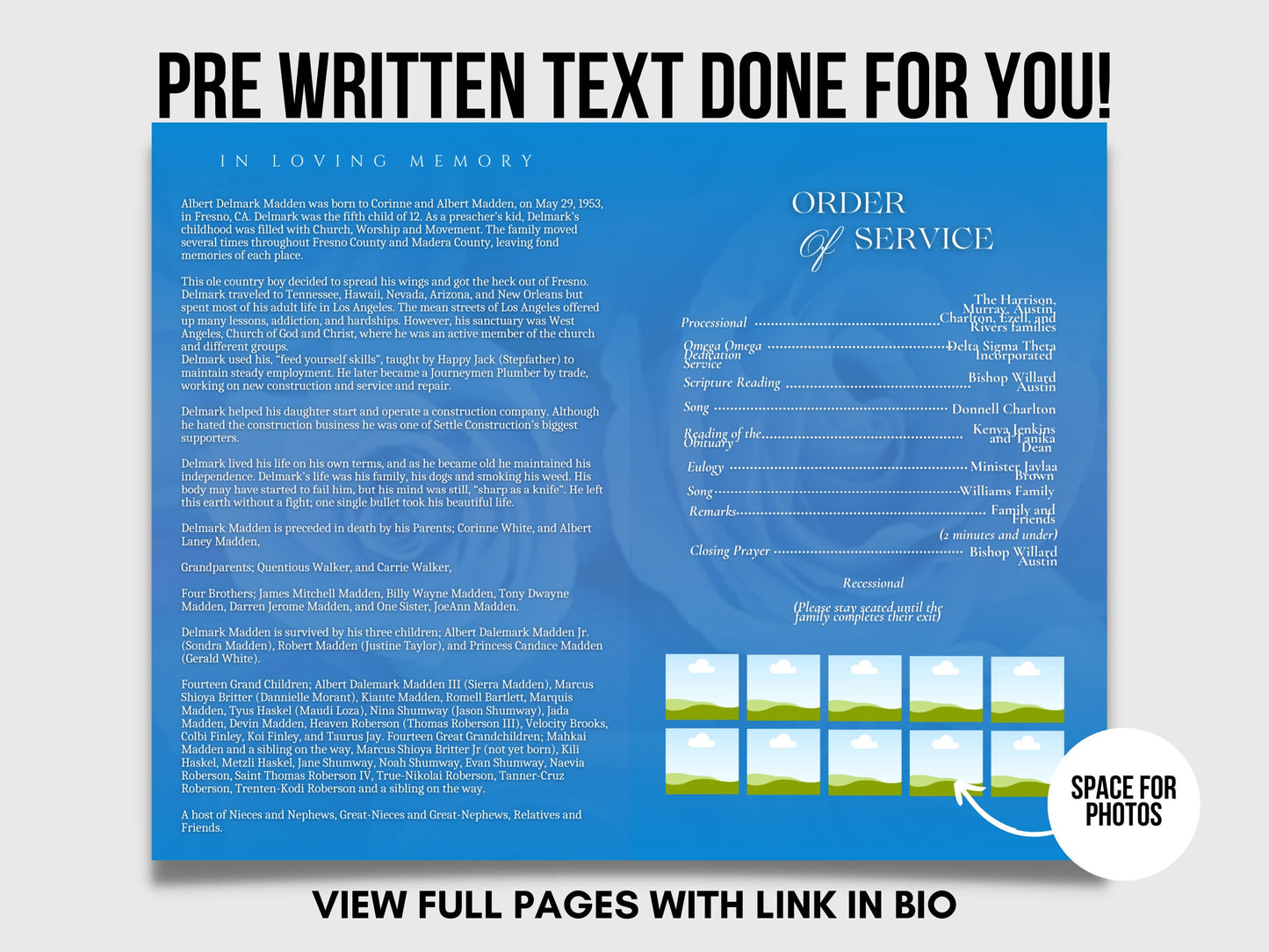 5.5"x8.5" BOOKLET Memorial program(4 pages)| BLUE ROSE Style Funeral Program |Celebration of Life Keepsake |Digital Download |Canva Template