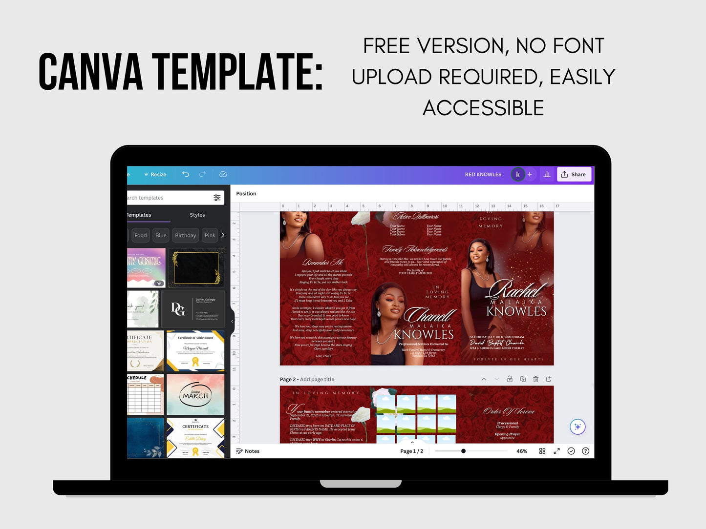 17"x11" FUNERAL OBITUARY TEMPLATE (2 pages) |Elegant Style Funeral Program | Celebration of Life |Women Red Rose Obituary |Canva Template