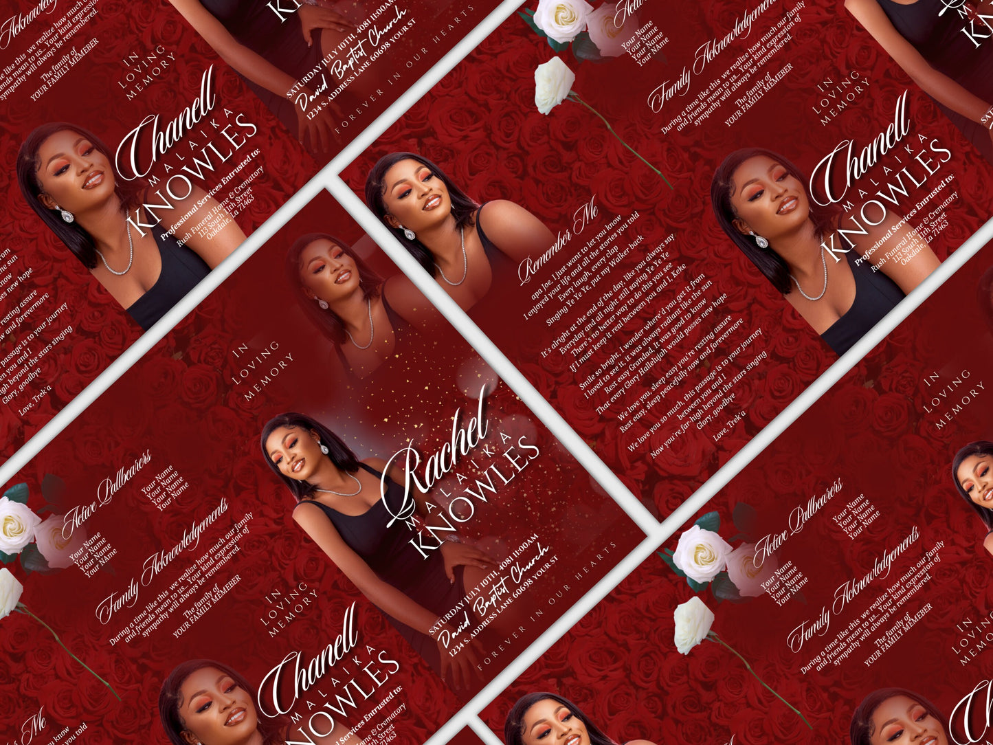 17"x11" FUNERAL OBITUARY TEMPLATE (2 pages) |Elegant Style Funeral Program | Celebration of Life |Women Red Rose Obituary |Canva Template