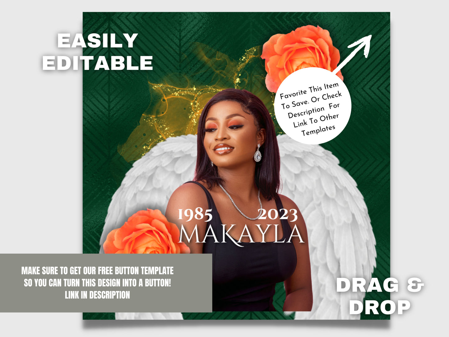 ORANGE FUNERAL PINBACK Template,Full Color| Personalized Funeral Buttons|Pinback Button Template|Keepsake Pin Backs Template