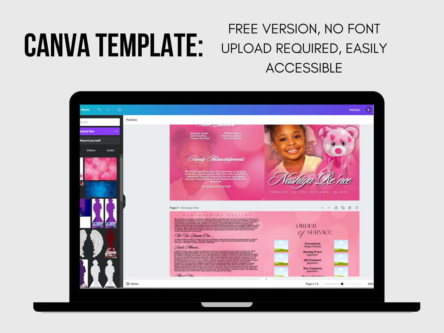 8.5"x11" FUNERAL BOOKLET (8 pages)| Pink Funeral Program |Celebration of Life |Keepsake |Digital Download |Canva Template | kid girl