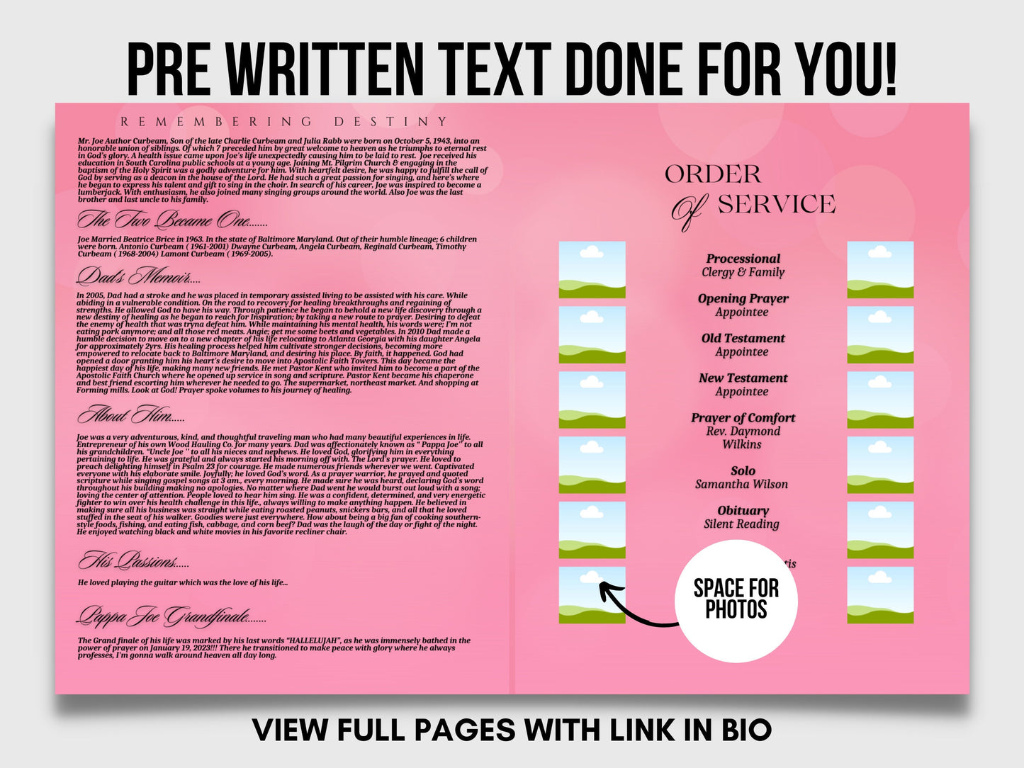 8.5"x11" FUNERAL BOOKLET (8 pages)| Pink Funeral Program |Celebration of Life |Keepsake |Digital Download |Canva Template | kid girl