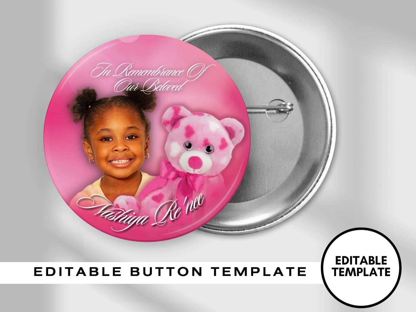 PINK PINBACK Template,Full Color| Personalized Funeral Buttons|Pinback Button Template|Keepsake Pin Backs Template