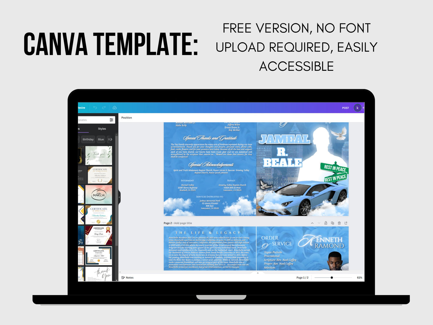 8.5"x11" BOOKLET Memorial program (4 pages)|blue cloud Style Funeral Program |Celebration of Life |Keepsake |Digital Download|Canva Template