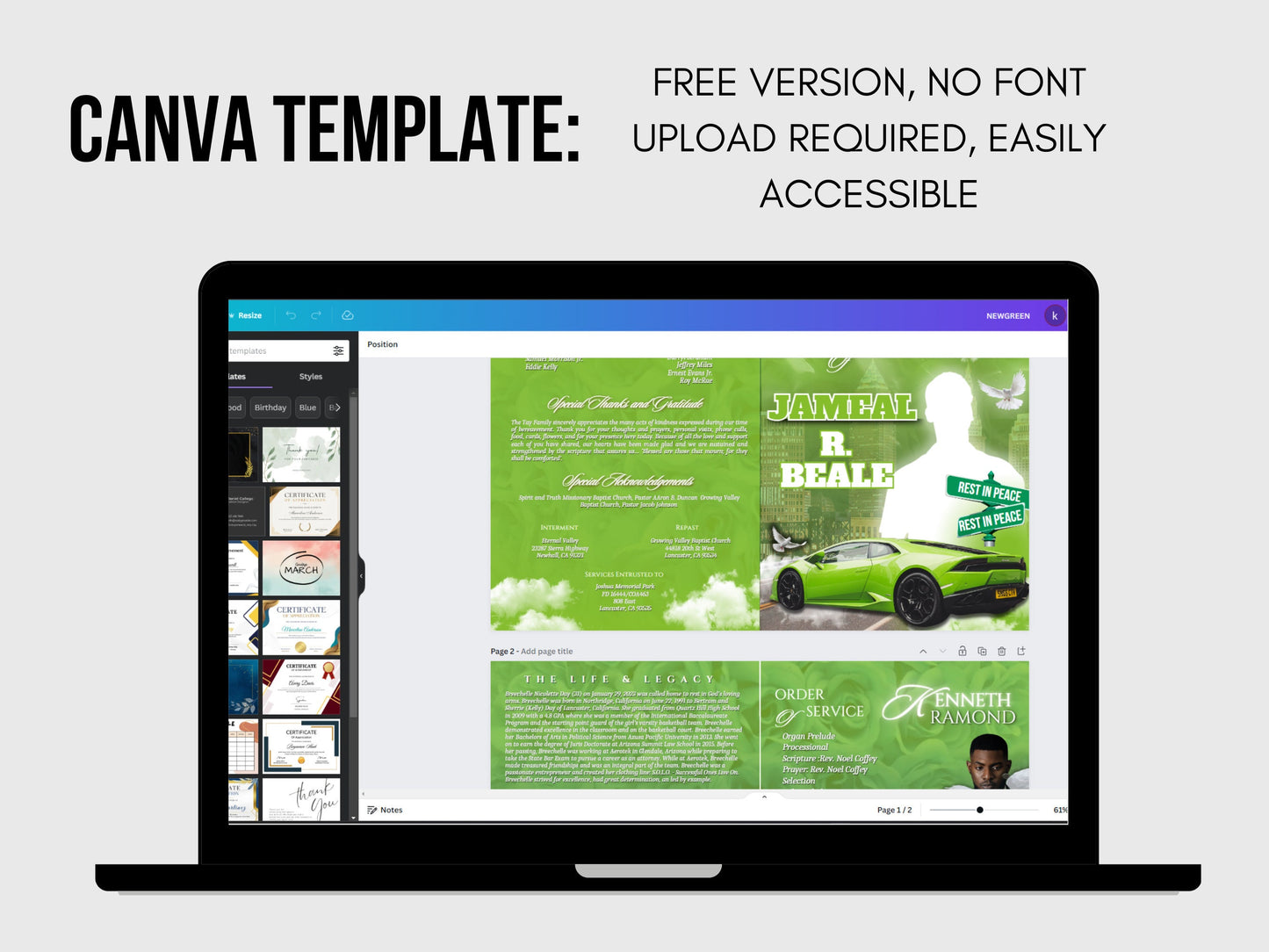 8.5"x11" BOOKLET Memorial program (4 pages)|Green Style Funeral Program |Celebration of Life |Keepsake |Digital Download|Canva Template
